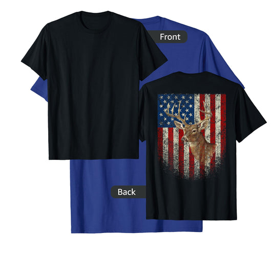 American Flag (Print on The Back) Deer Antlers Hunting T-Shirt