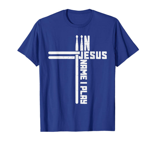 Drummer Vintage Cross Drumsticks In Jesus Name I Play Drum T-Shirt, Small, Black