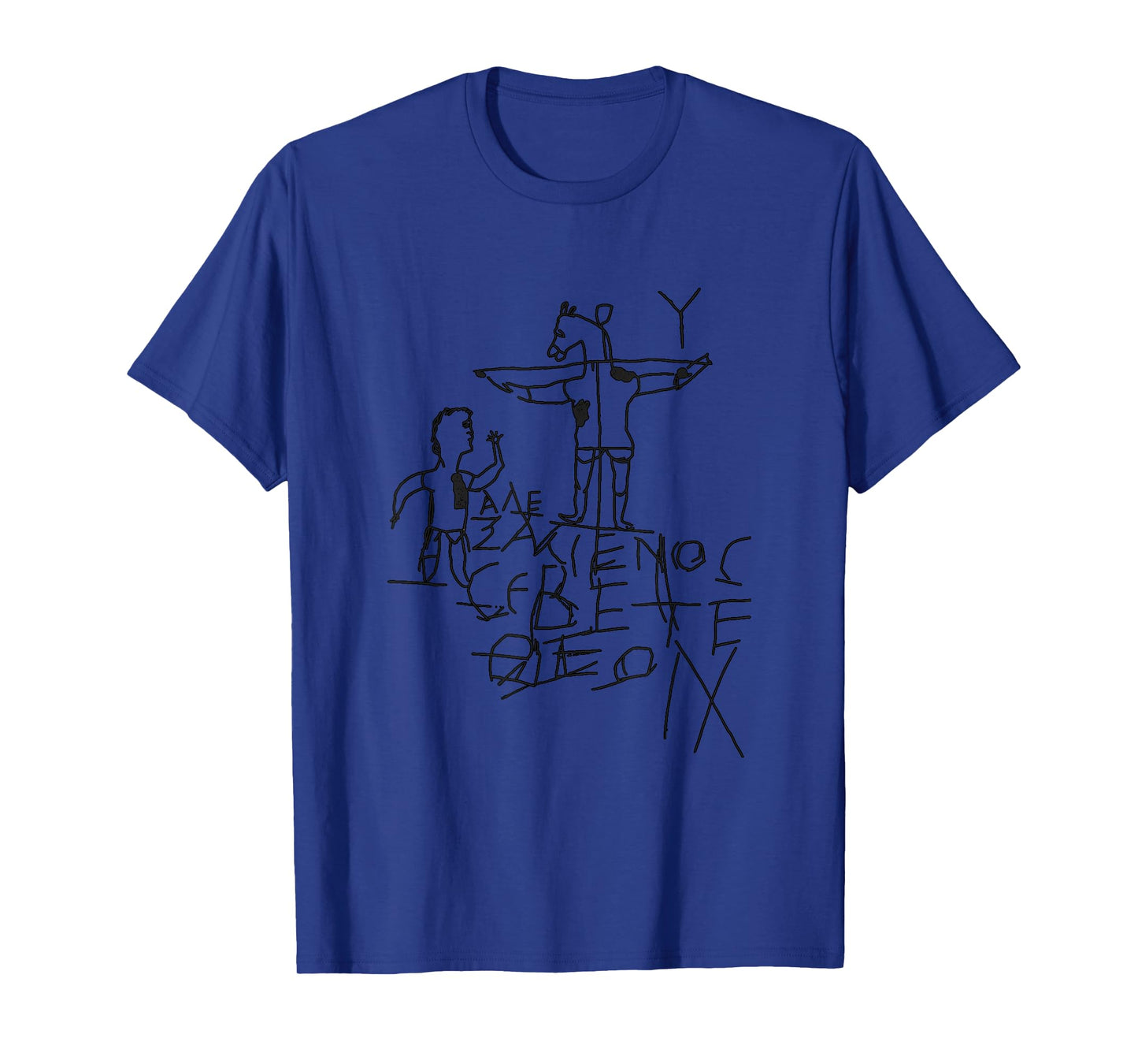 Ancient Greece, Rome, Egypt, Gold, and Treasure - Unisex-Adults - Grey - Small - Short Sleeve - T-Shirt - Historical Graffiti - Alexamenos Graffiti - Graffito - Roman - Jesus - Christian T-Shirt