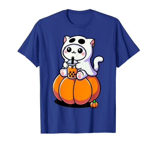 Cute Halloween Cat in Ghost Costume Drinking Boba Tea Tees Men Women Kids T-Shirt