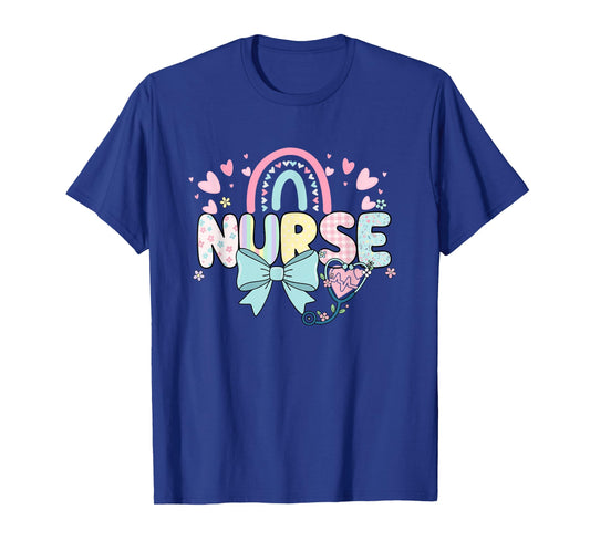 Colorful Nurse Rainbow Bow Stethoscope Heart Design T-Shirt
