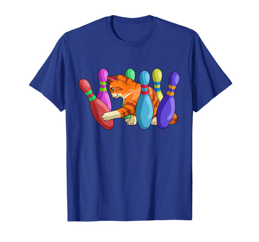 Cute Cat Knocking Over Bowling Pins Kitty Bowlers Cat Lovers Men Women Girls Kids T-Shirt