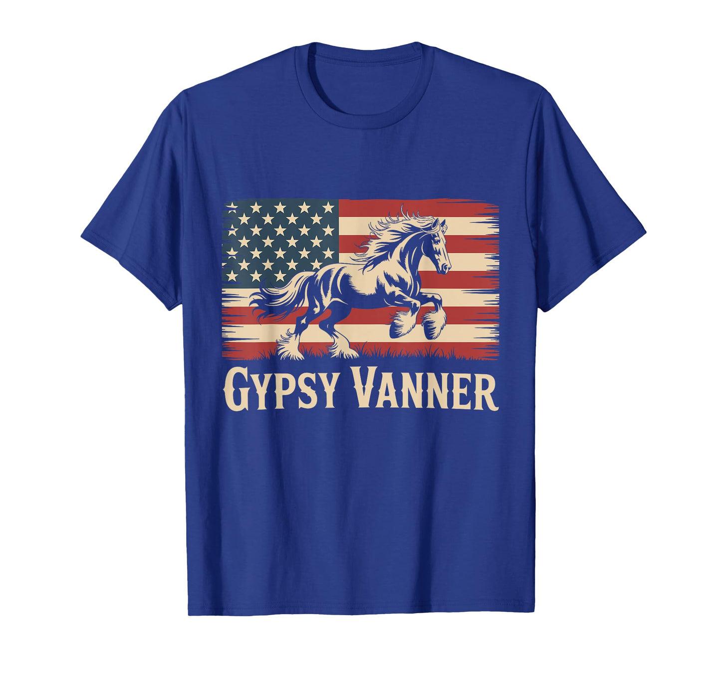 Vintage American Flag Running Gypsy Vanner Darft Horse T-Shirt