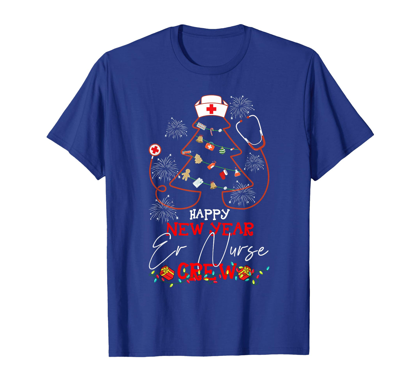 Christmas T-Shirt - Happy New Year ER Nurse Crew Reindeer Nurse - Black, Small - Women-Adults