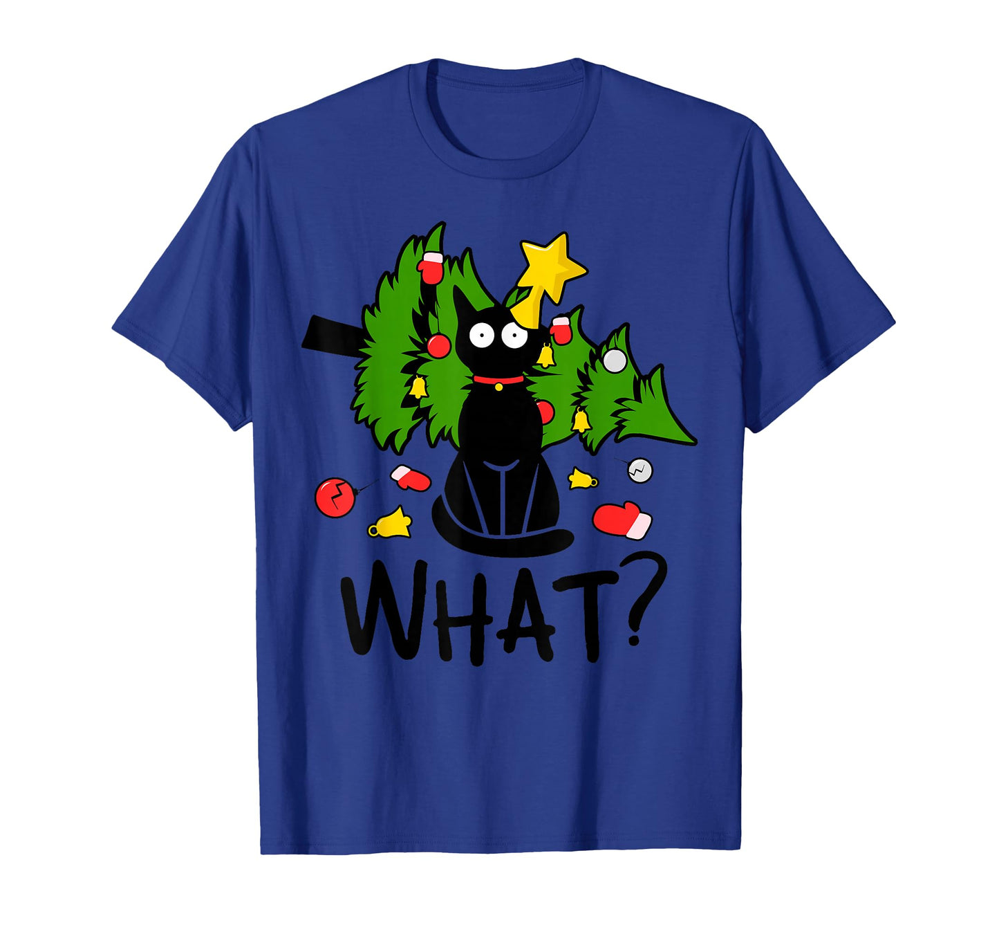 Funny Black Cat Christmas Tree Merry Xmas Humor Cat What? T-Shirt