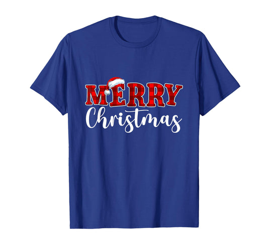 Merry Christmas Buffalo Plaid Red Santa Hat Xmas Pajamas T-Shirt