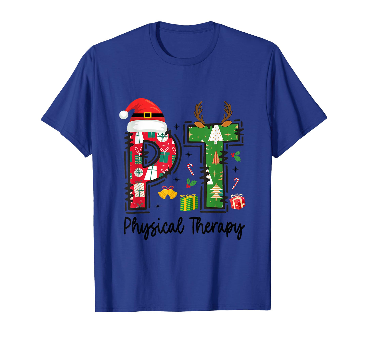 Christmas Physical Therapy Ls Unisex-Adults T-Shirt Grey Small Classic Fit Short Sleeve Graphic Cartoon Holiday Physical Therapy Therapist Xmas T-Shirt