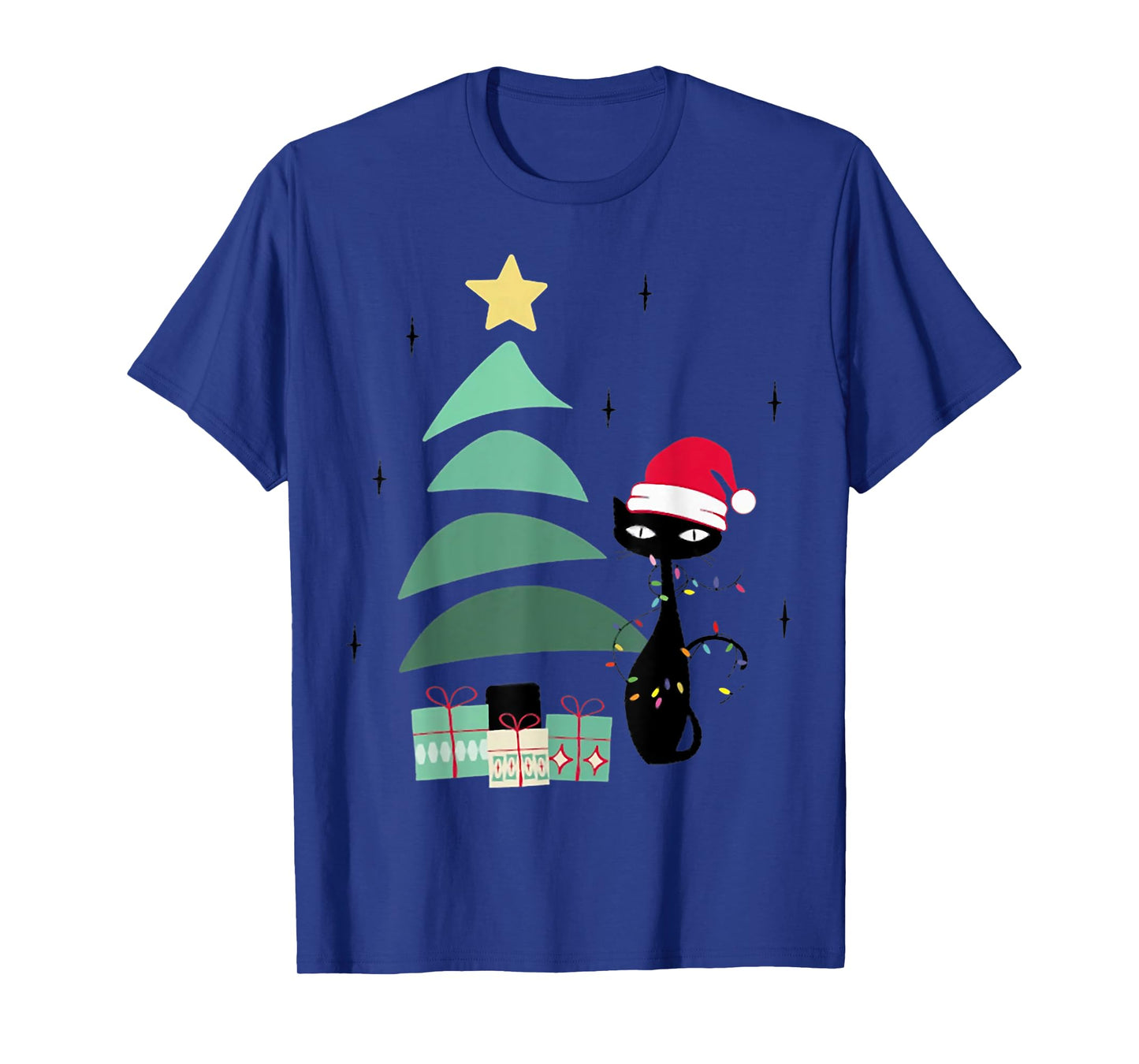 Funny Retro Mid Century Atomic Christmas Tree and Cat T-Shirt for Men Women Kids