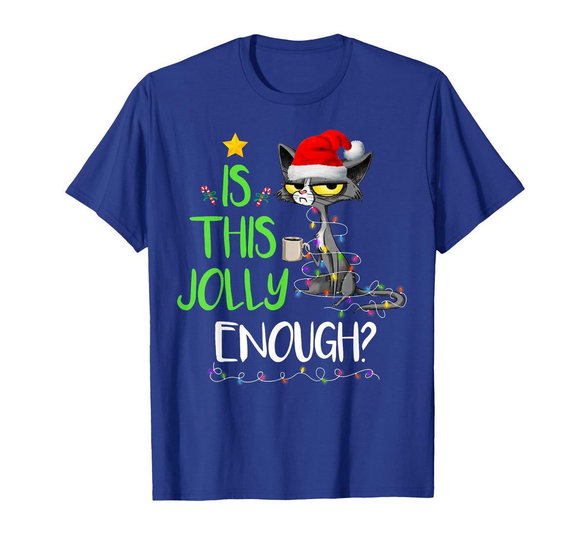 Is This Jolly Enough Black Cat Merry Christmas Tree Lights T-Shirt for Men Women Kids