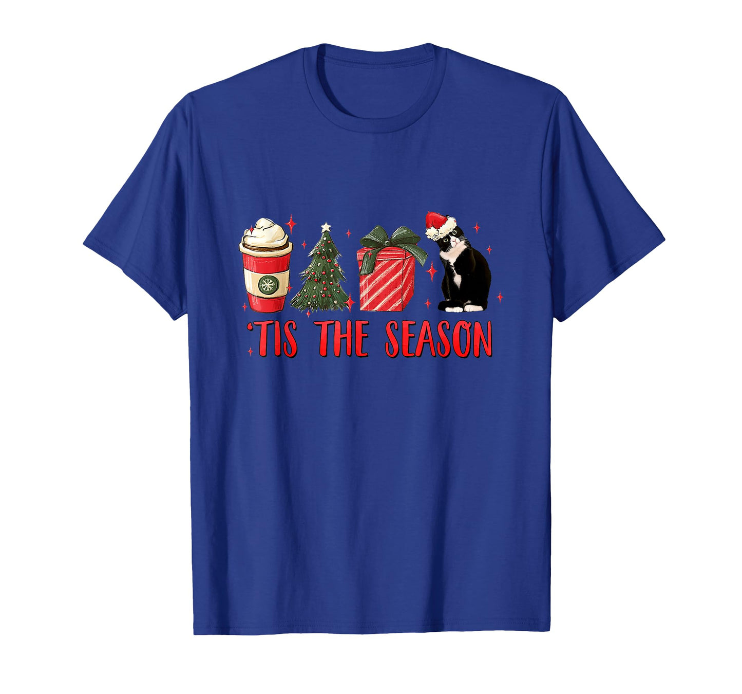 Tis The Season Christmas Tree Coffee Tuxedo Cat Santa Hat T-Shirt for Men Women Kids