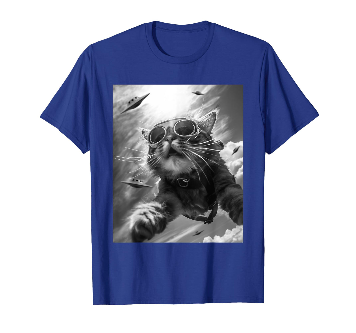 Funny Skydiving Cat Selfie with Alien UFOs Men Women Kids T-Shirt