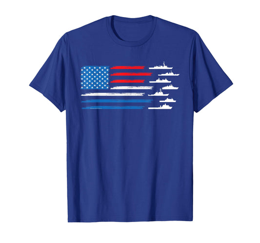 Patriotic Red White Blue USA Flag Military Ships 4th of July T-Shirt