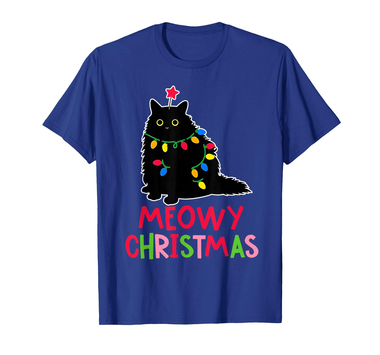 Meowy Christmas Xmas Lights Black Cat Pajamas Family Funny T-Shirt