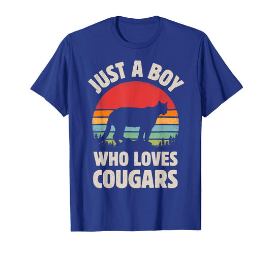 Cougar Just A Boy Who Loves Cougars Men Retro Vintage Sunset T-Shirt