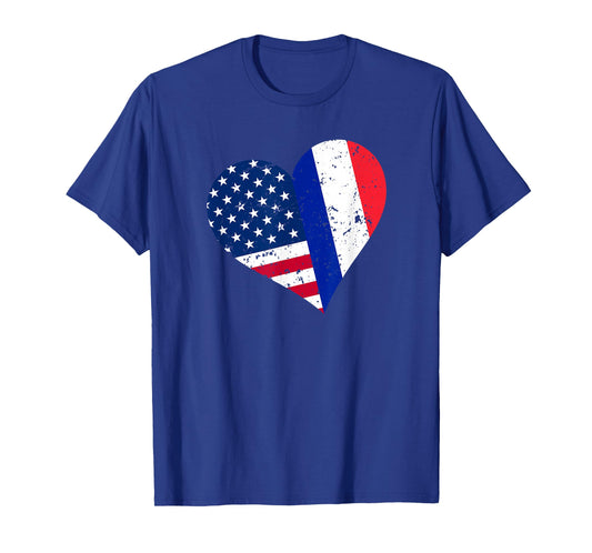 France USA Heart Shirt Distressed French American Flag T-Shirt