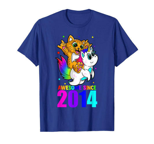 Awesome Since 2014 Unicorn Cat Birthday Girl Boys Cute Kids T-Shirt
