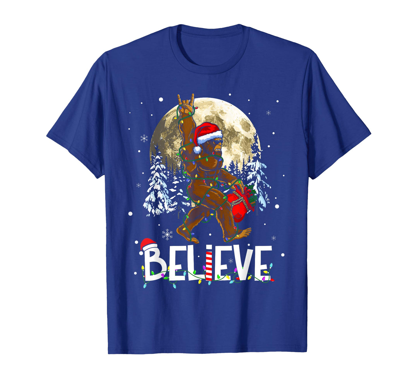 Funny Christmas Xmas Bigfoot Believe Sasquatch in Moon Light T-Shirt
