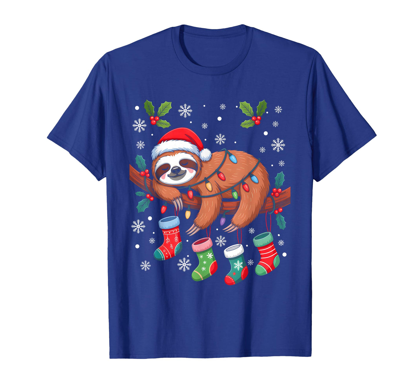 Funny Christmas Sloth Santa Hat Lights Family Xmas Pajamas T-Shirt
