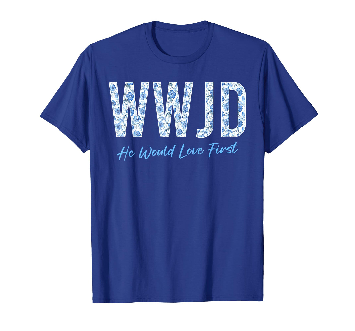 WWJD Christian Faith Believer Blue Floral Graphic T-Shirt