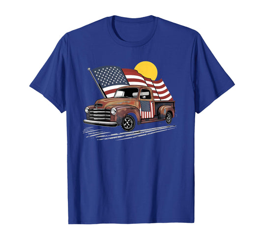 Classic Old Pickup Truck American Flag 4th of July Patriotic T-Shirt