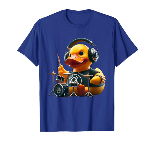 Cute Drummer Rubber Duck Designs Unisex-Adults, Kids Blue Short Sleeve T-Shirt Small