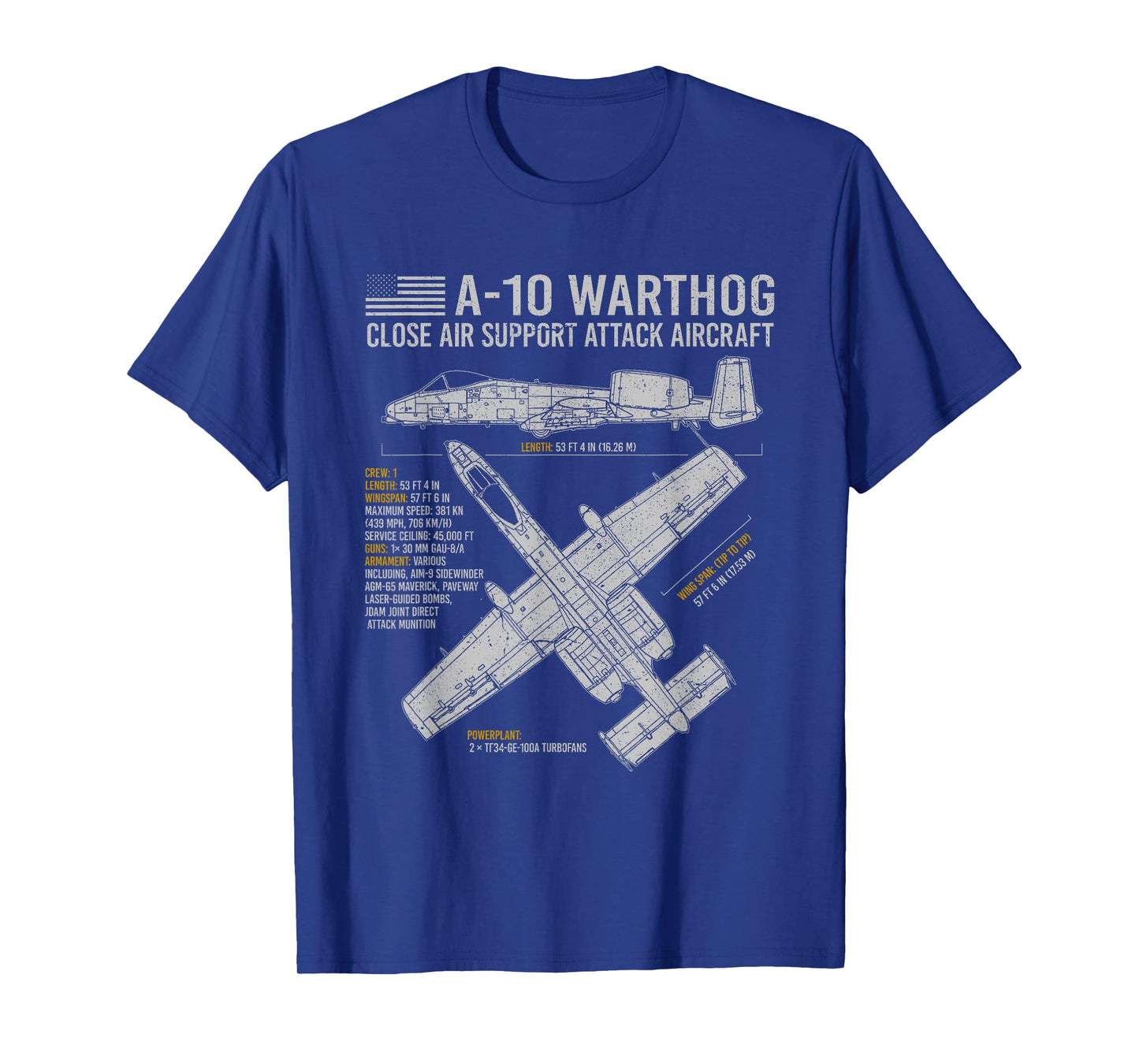 Aviation Geeks Store A-10 Warthog Thunderbolt II Aircraft Airplane Blueprint Fact T-Shirt
