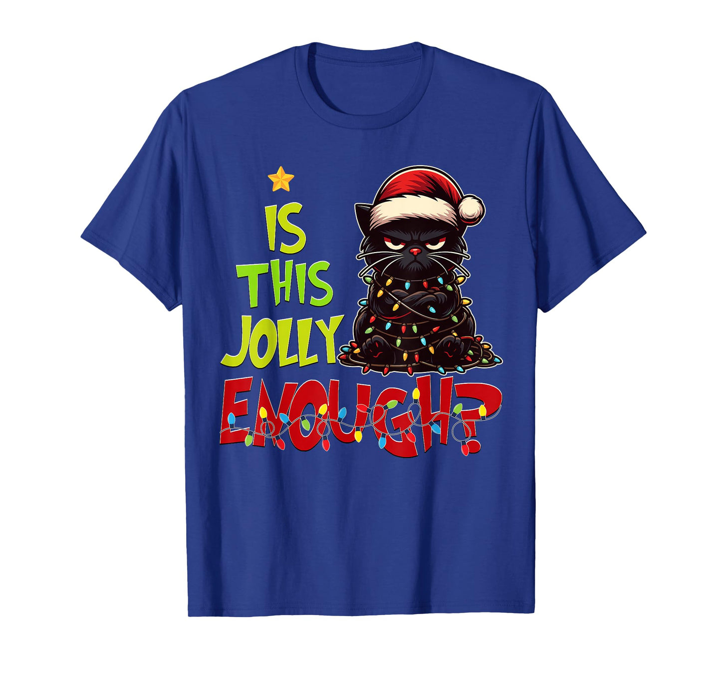 Black Cat Christmas Tree Lights Cute Santa Hat Xmas T-Shirt