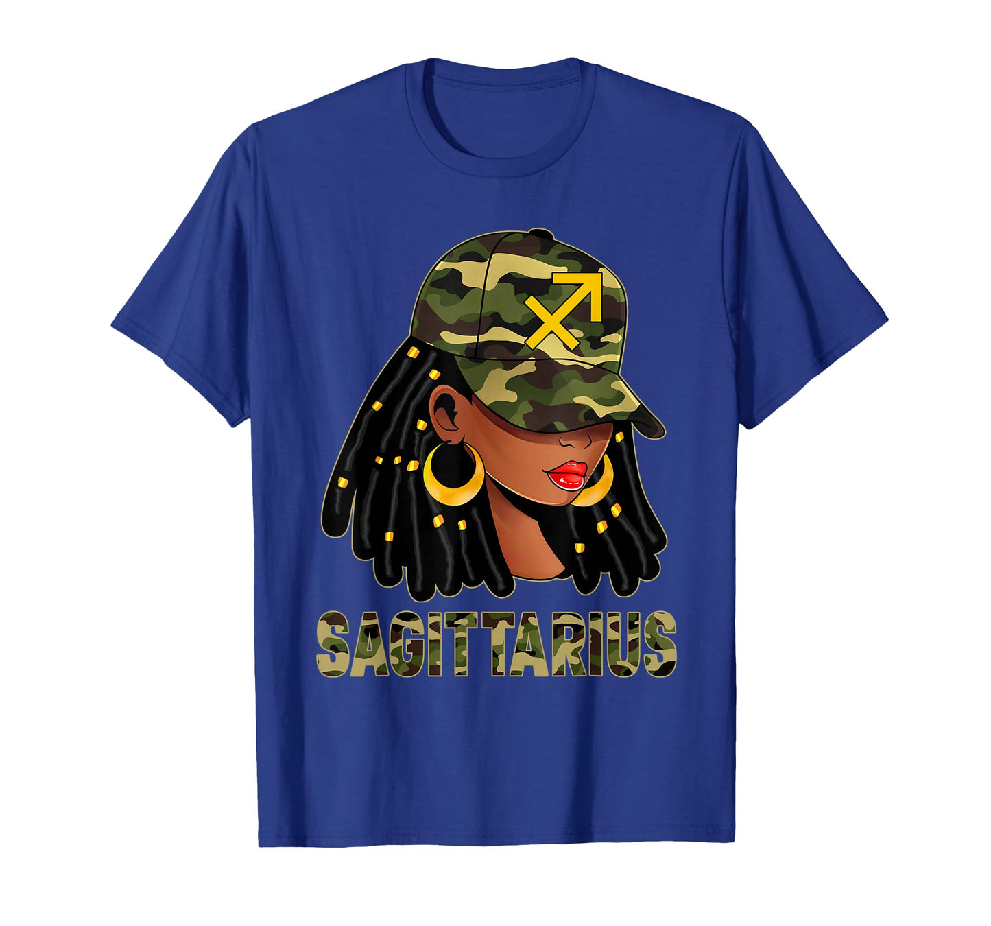 Sagittarius Queen Loc'd Hair Black Woman Camo Cap Zodiac T-Shirt