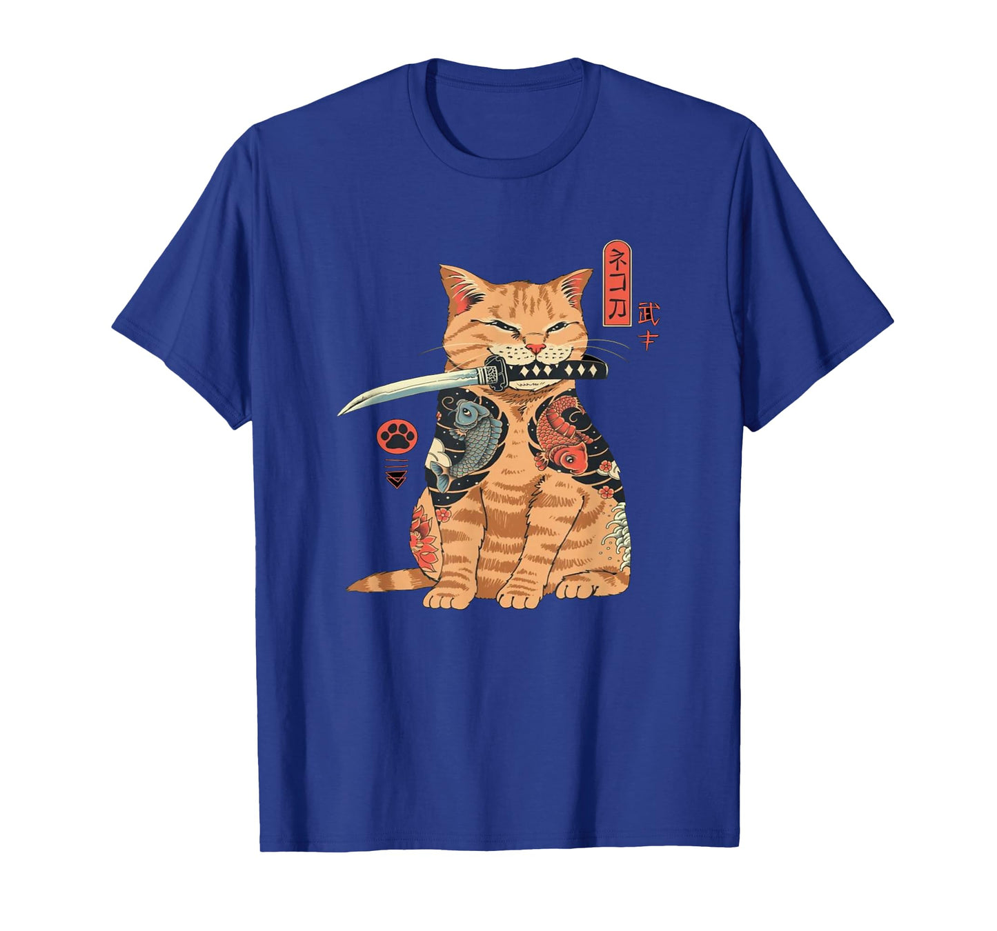Alexamerch Cats Japanese Samurai Ninja Cat Kawaii Tattoo Graphic T-Shirt - Kids, Anime Fans, Casual Wear Lovers - Unisex - Black - Small - Short Sleeve - Classic Fit - Cotton, Polyester