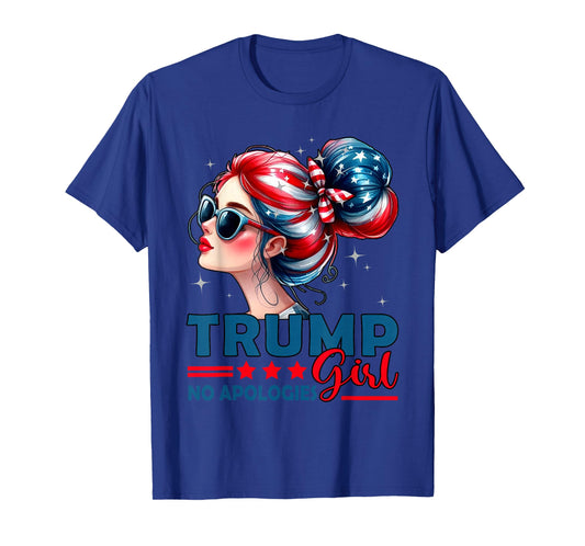 Trump Girl No Apologies Messy Bun Sunglasses Trump USA Flag T-Shirt