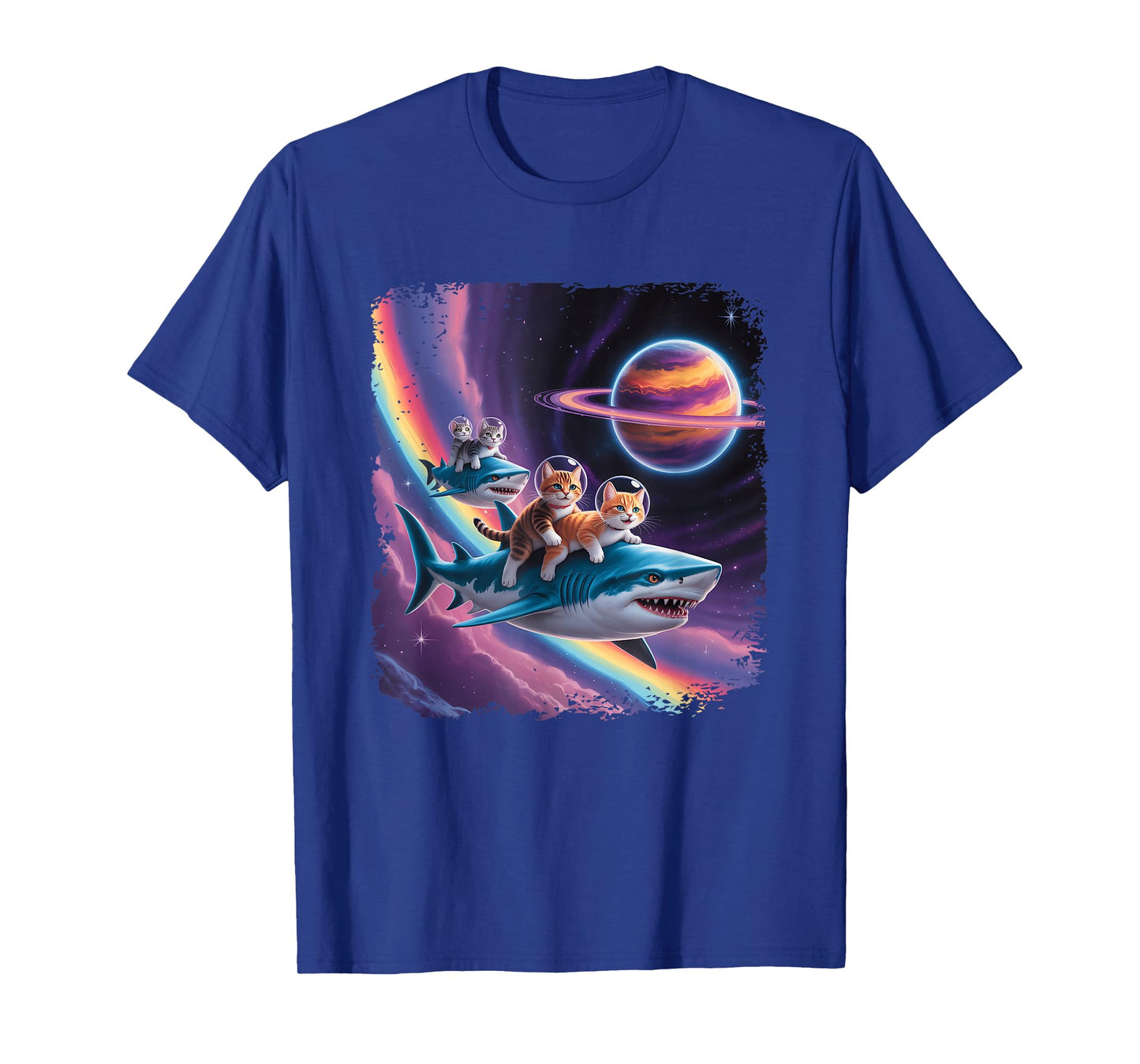 Rainbow Galaxy Cat Riding Shark in Space Sci-fi Space Planet T-Shirt