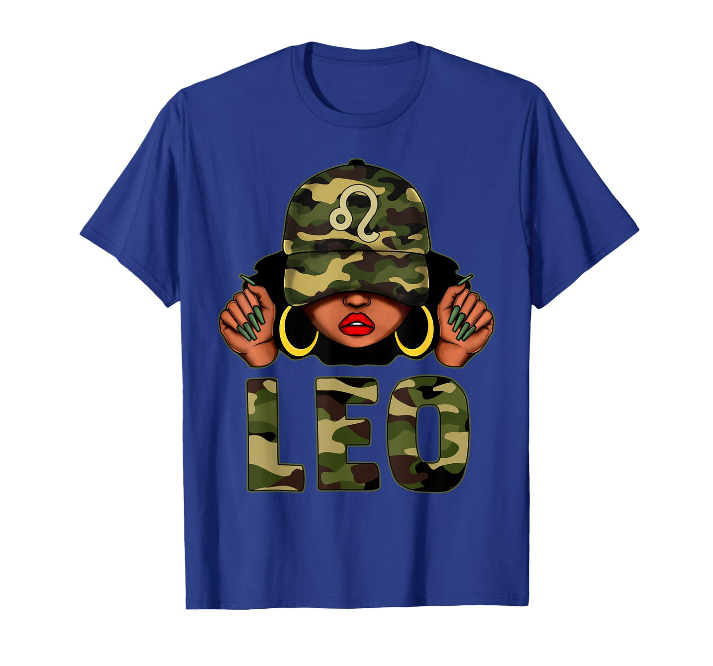 Leo Queen Black Woman with Cap Camo Afro Girl Zodiac T-Shirt