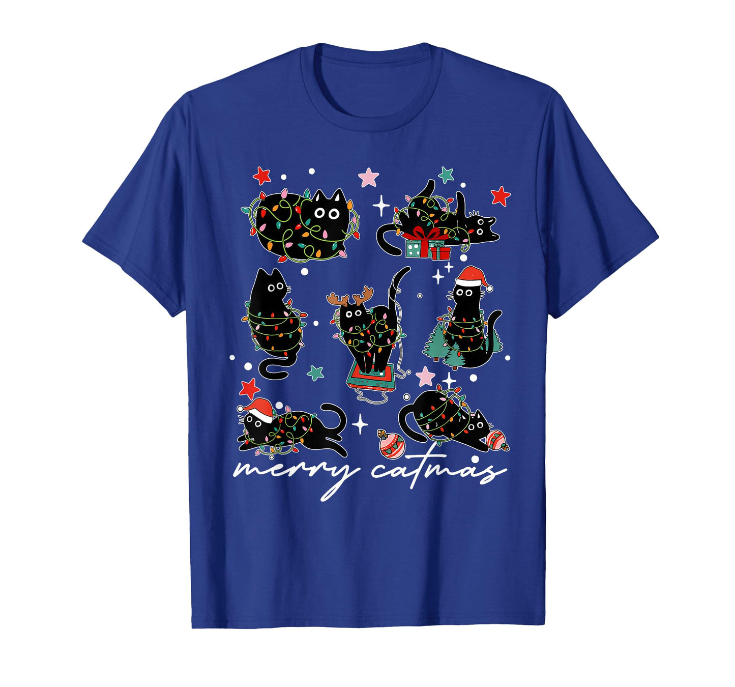 Cat Christmas Light Reindeer Santa Christmas Cat Lover T-Shirt