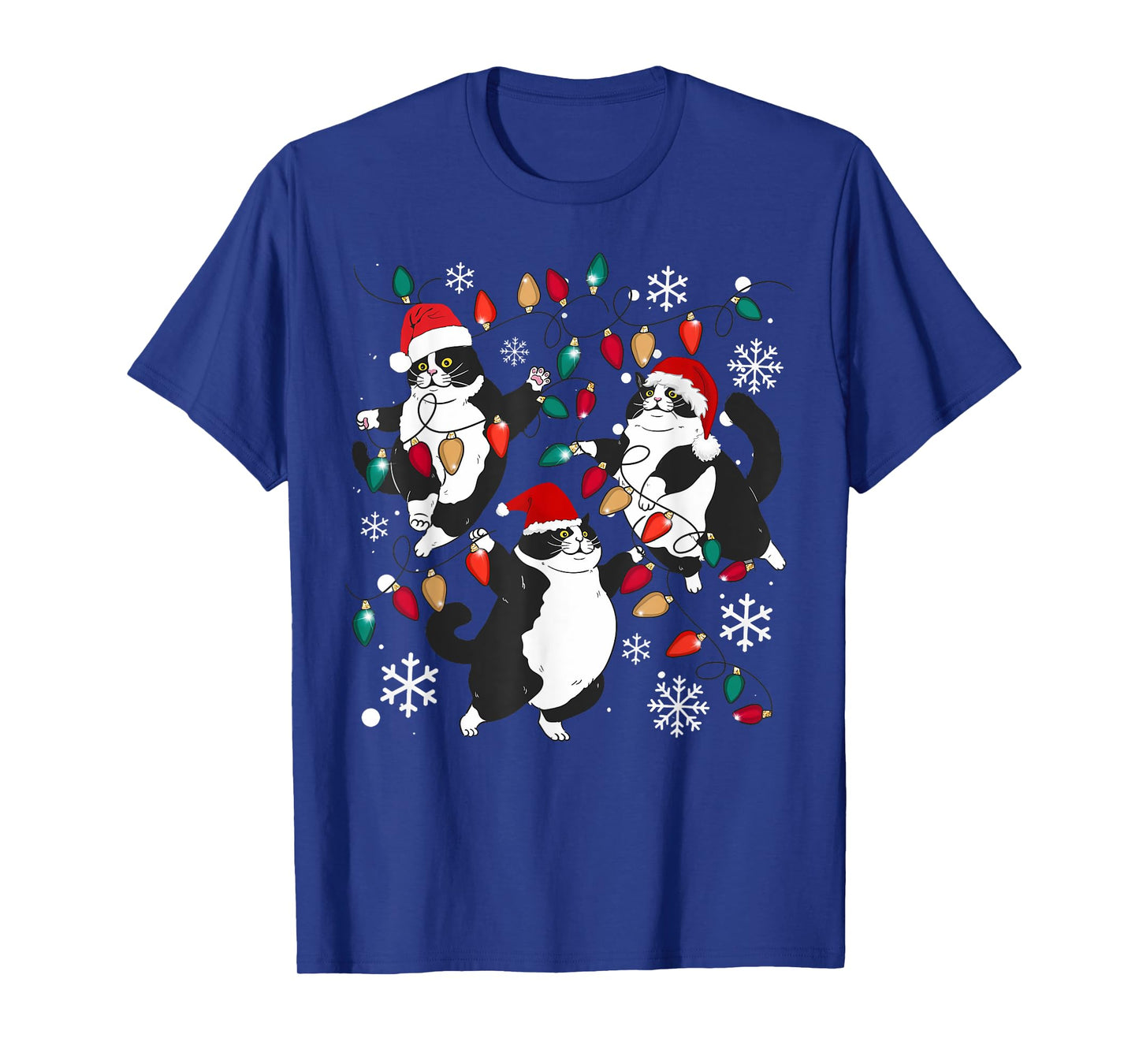 Tuxedo Cat Christmas Lights Meow Santa Xmas Pajama Cat Lover T-Shirt for Men Women Kids