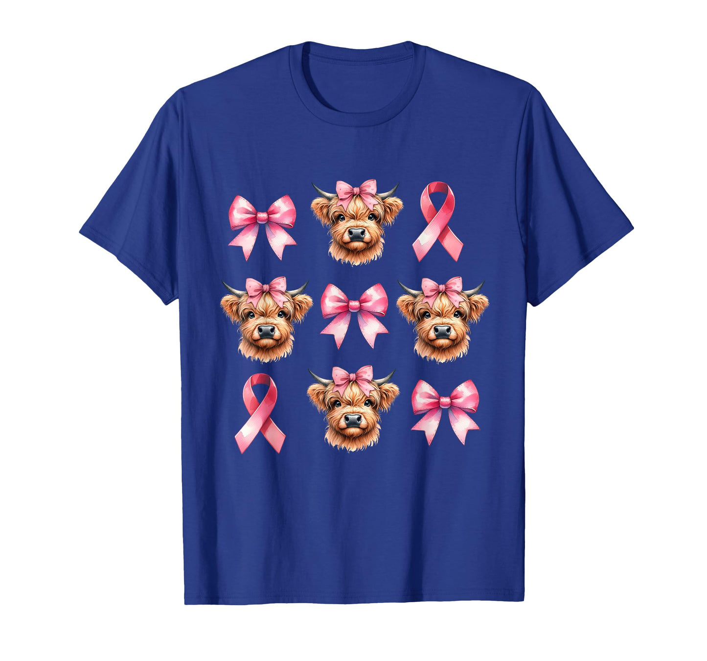 Coquette Bow Pink Ribbon Highland Cow Pink Breast Cancer T-Shirt