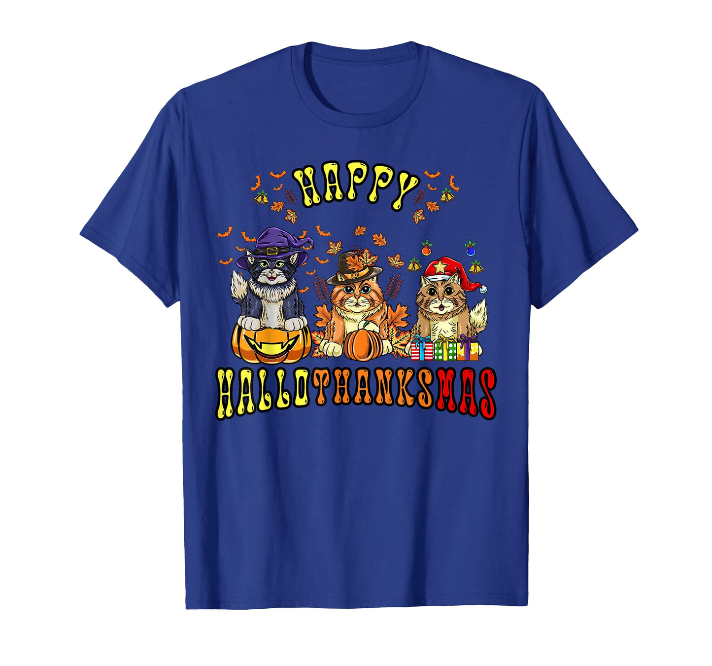 Happy Hallothanksmas Cats Halloween Thanksgiving Christmas T-Shirt