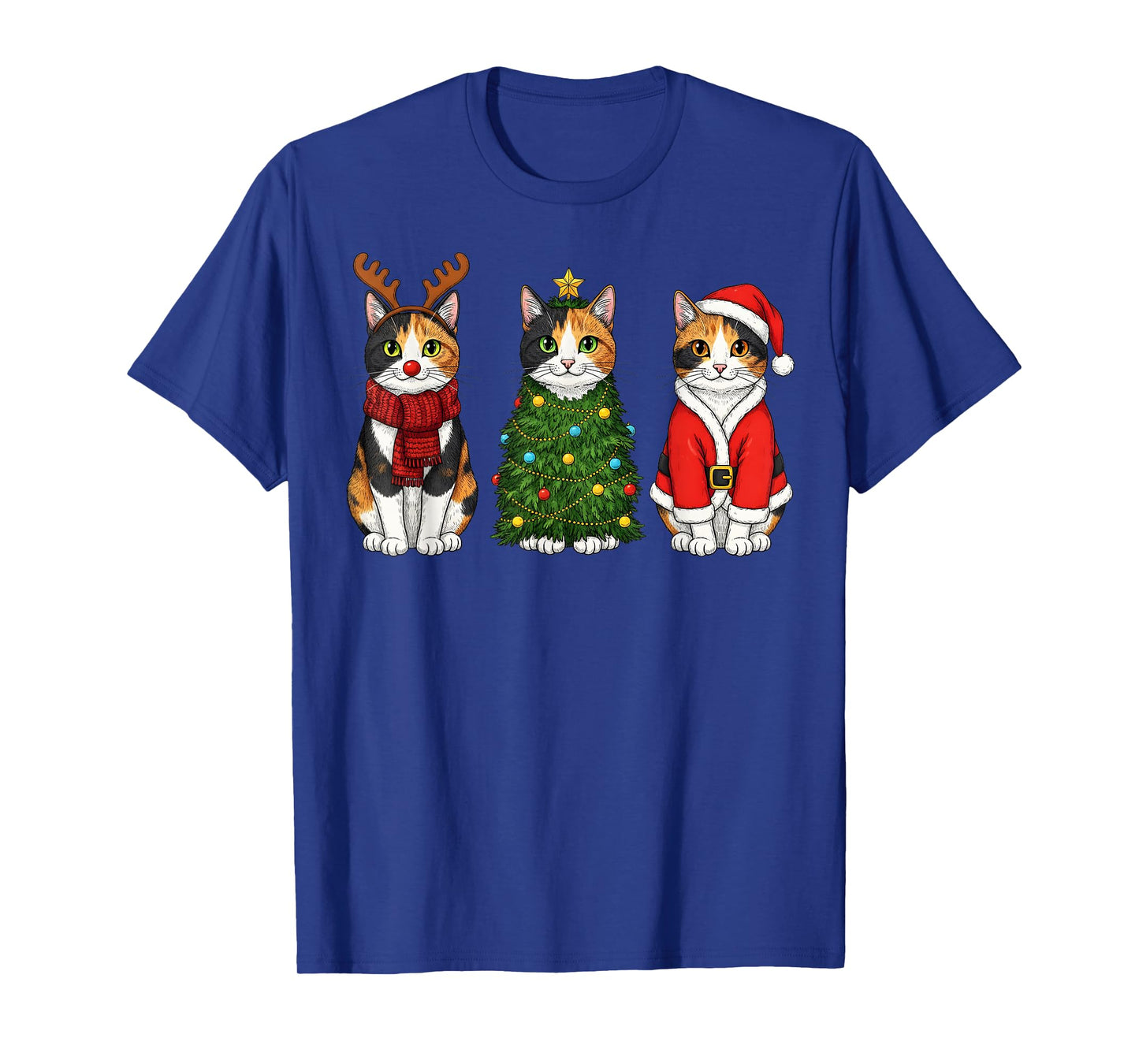 Retro Christmas Calico Cat Santa Reindeer T-Shirt