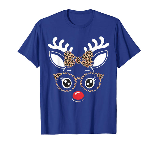 Christmas Reindeer Face Leopard Print Glasses Women Girls T-Shirt