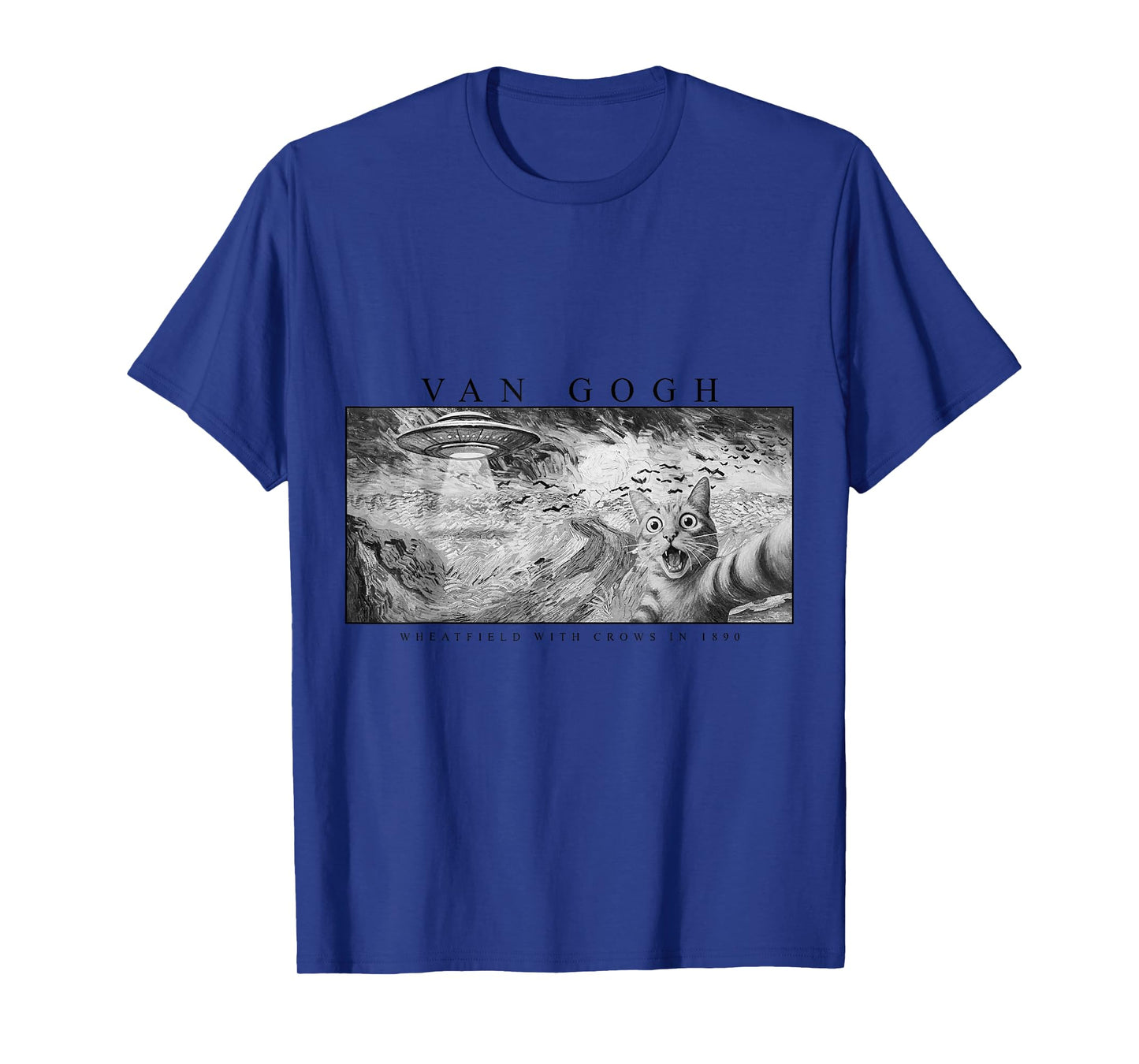Funny Cat, Van Gogh Cat Selfie with Alien UFO in Wheatfield T-Shirt