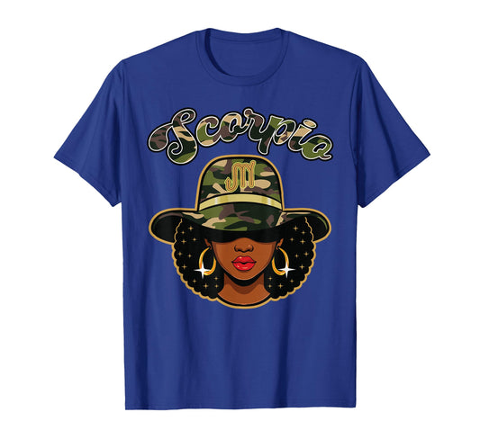 Scorpio Queen Camo Black Woman Birthday Zodiac Sign Afro T-Shirt