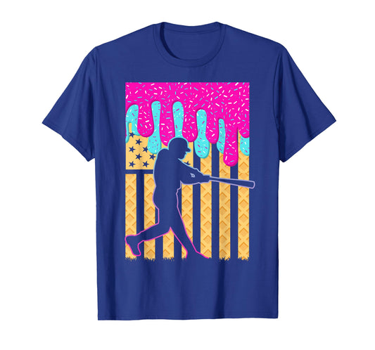 Baseball Drip Bat Boys Ice Cream American Flag 4th of July T-Shirt