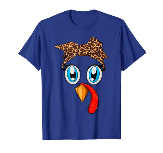 Cute Turkey Face Bandana Leopard Thanksgiving Women Girls T-Shirt