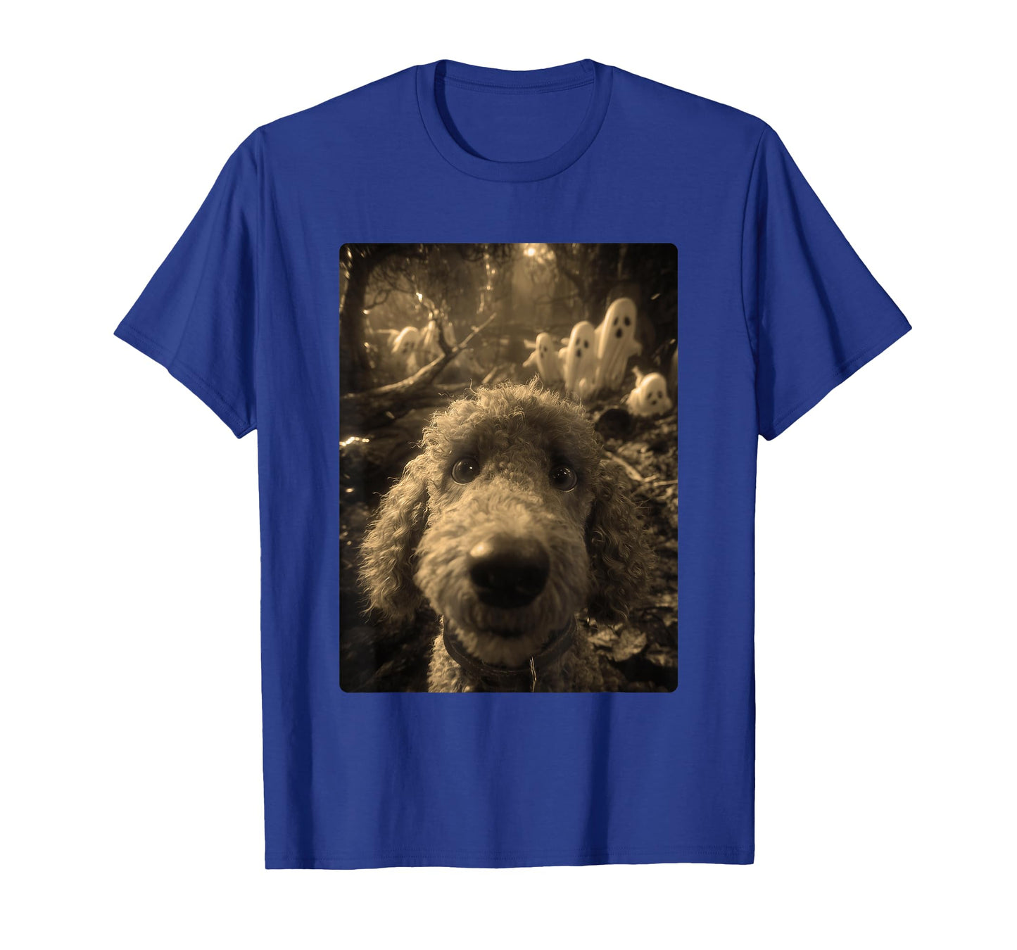 Vintage Poodle Selfie Ghosts Haunted Forest Halloween Dog T-Shirt
