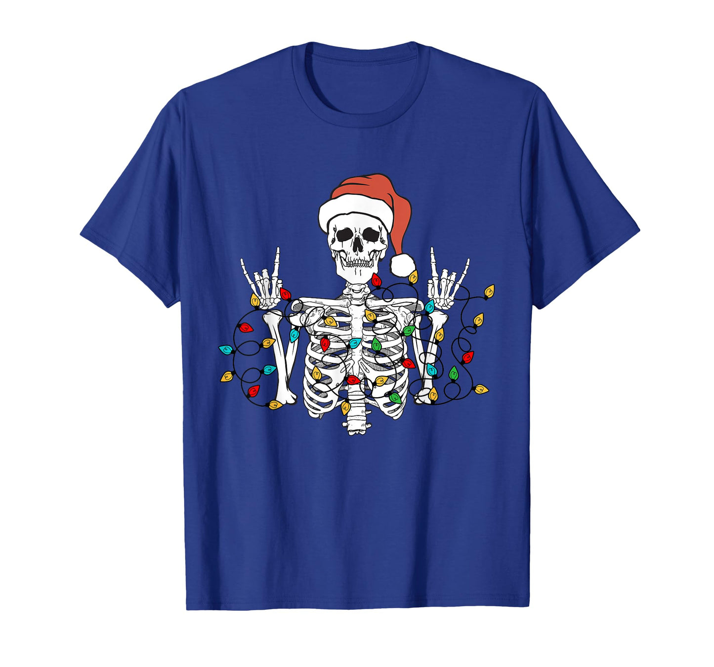Christmas Skeleton Rocker Wrapped in Xmas Lights Santa Hat T-Shirt