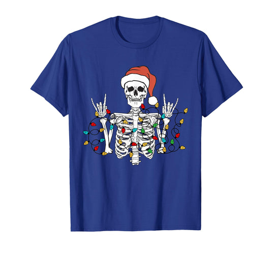 Christmas Skeleton Rocker Wrapped in Xmas Lights Santa Hat T-Shirt
