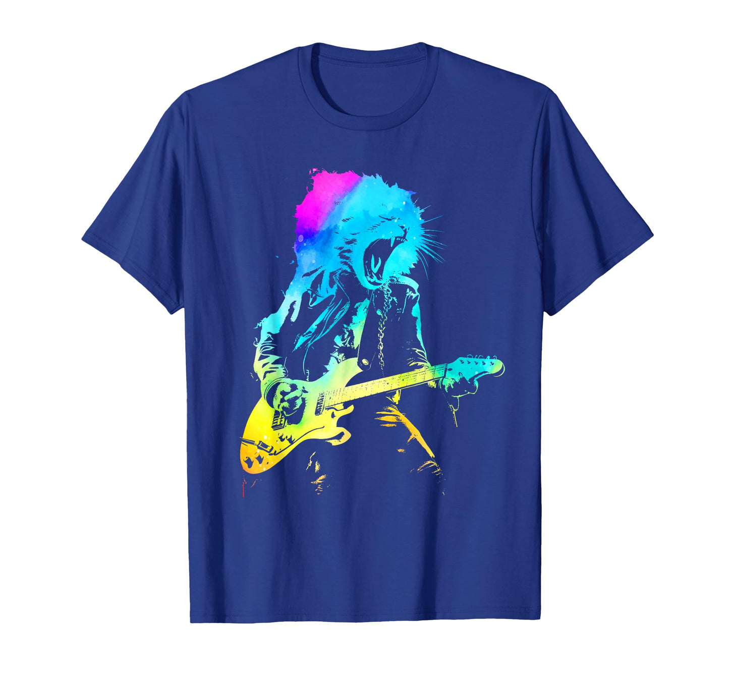 Colorful Rock Cat Playing Guitar Funny Guitar Cat Mens Women T-Shirt