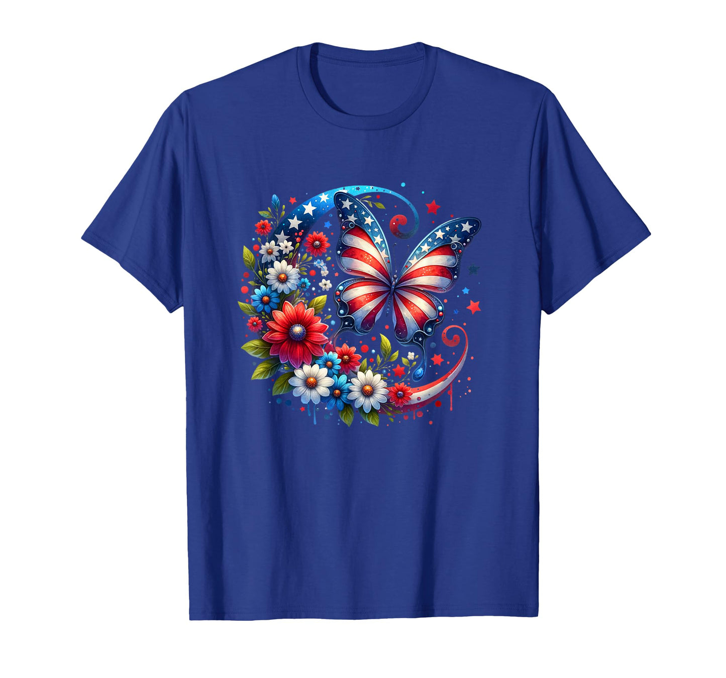 American Flag Red White Blue Butterfly Design T-Shirt