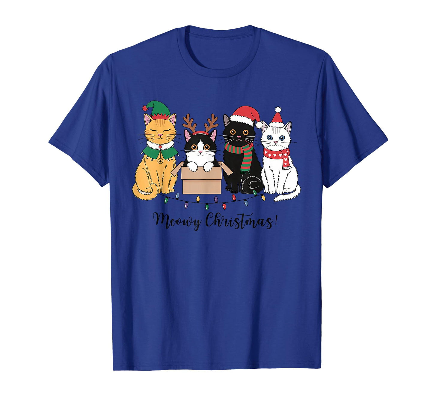 Meowy Christmas Xmas Lights Black Cat Pajamas Family Funny T-Shirt