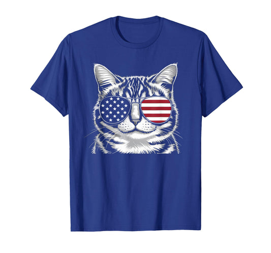 Patriotic Red White Blue USA American Flag Cat 4th of July T-Shirt for Men Women Kids
