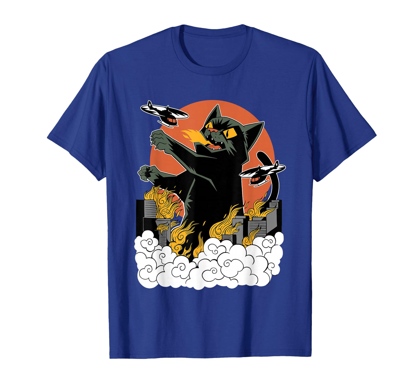 Black Japanese Catzilla Sunset T-Shirt - Classic Fit, Crew Neck, Cotton & Polyester Blend